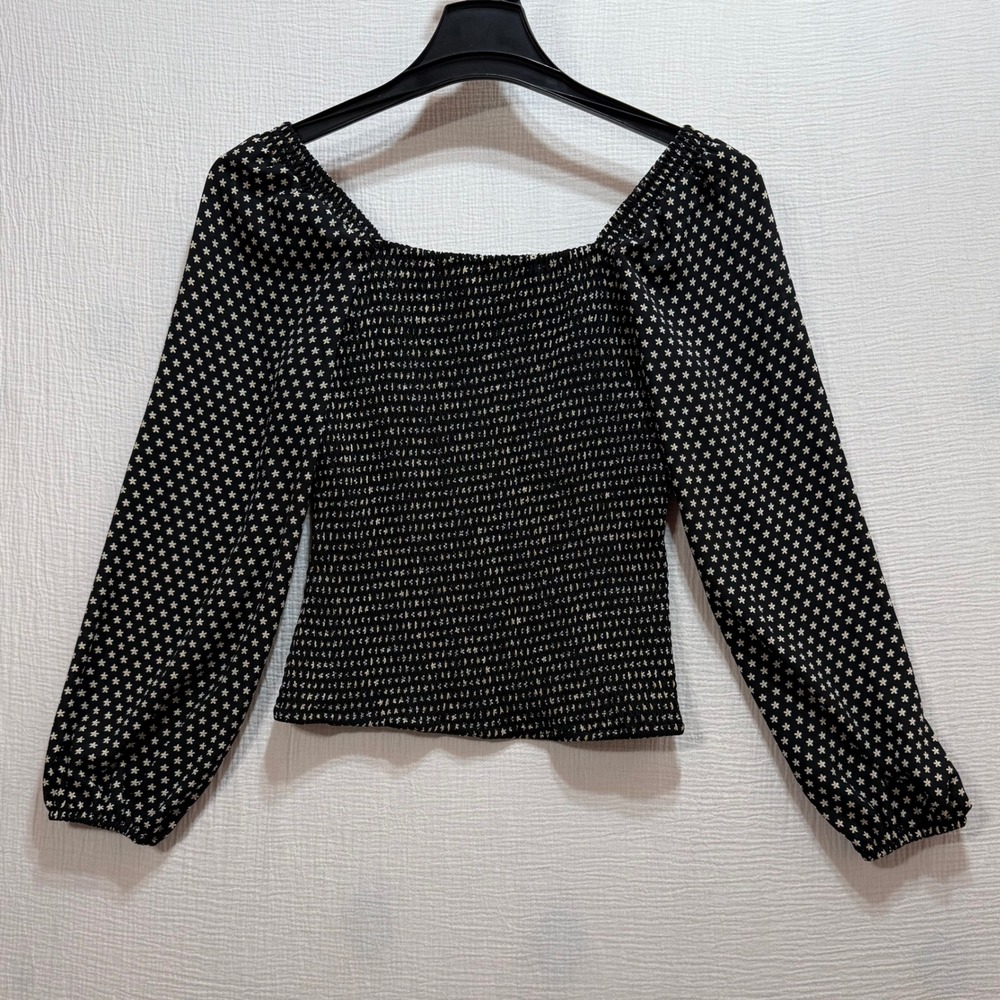 Truth by‎ Republic Smocked Blouse Womens M Black Floral Square Neck Whimsygoth